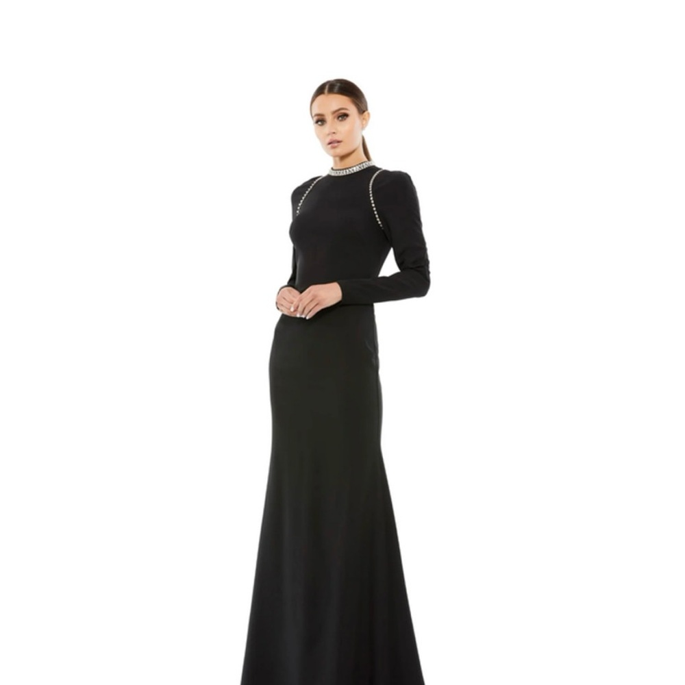 MAC DUGGAL Dress Size 10 Evening Gown Rhinestone NEW Black Long Sleeve High Neck